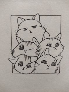 an ink drawing of four cats in a square