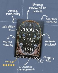 the crown of star and ash by victoria k taylor is shown in front of a blue background