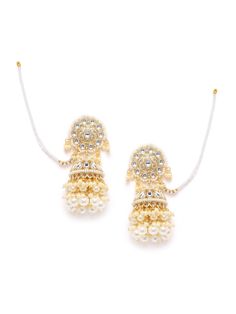 These gorgeous flower & dome shaped jhumki earrings come with kundan stone studs, off-white pearls and 2-layer beaded danglers, are gold-plated, and secured with a post and back closure. (Comes with beaded detachable ear chains) These handcrafted jhumkis can be styled with any traditional outfit, or an evening outfit to complete a dazzling look. Product color may vary based on the monitor or screen you are using.See FAQ for more details. Size Length of earring: 7 cmLength of ear chain: 12.5 cm D Elegant White Kundan Necklace With Latkans, White Chandelier Earrings With Latkans For Diwali, White Kundan Earrings With Latkans, Jhumka Designs With Ear Chain, White Kundan Necklace With Latkans For Festive Occasion, Traditional Pearl Drop Jhumkas For Reception, White Bollywood Chandelier Earrings With Latkans, White Latkan Earrings For Festive Occasions, White Jhumkas For Diwali Reception