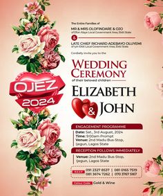 wedding ceremony flyer with roses and hearts