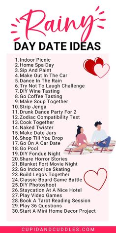 a poster with the words rainy date ideas on it and an image of two people sitting in