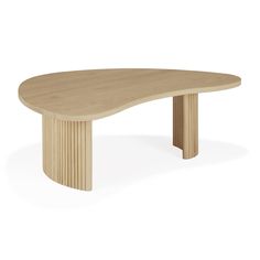 an oval shaped table with wooden legs and a curved design on the top, against a white background