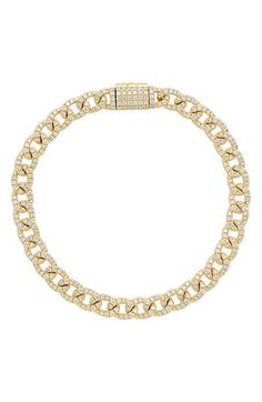 A shimmering array of 320 round diamonds floods the curb links of this stunning chain bracelet crafted from radiant 18-karat gold. 7" length; 1/4" width Total diamond weight: 2.57ct. Color: G Clarity: VS 18k gold/diamond Imported >Diamond Guide Curb Chain Bracelet, Bony Levy, Diamond Guide, Bracelet Crafts, Curb Chain, Womens Jewelry Bracelets, Chain Bracelet, Round Diamonds, Gold Diamond