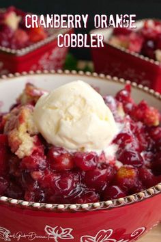 a bowl filled with cranberry cobbler and ice cream on top of it