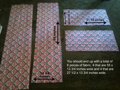 three pieces of fabric laid out on the floor with measurements for each piece and how to measure them