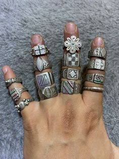 This is 15 old berber silver rings with etched and embossed decoration on the silver. The rings has a great old patina. Total weight : 71g Silver Gem Rings, Moroccan Rings, Alt Rings, Silver Chunky Rings, Silver Rings Vintage, Dope Jewelry Accessories, Funky Rings, Moroccan Jewelry, Vintage Silver Jewelry