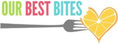 the logo for our best bites is shown with a fork and heart shaped piece of fruit