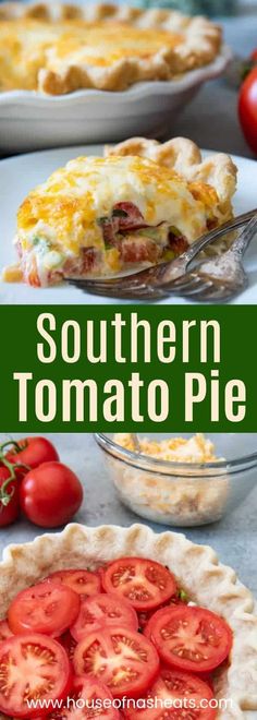 there is a pie with tomatoes on it and the words southern tomato pie above it