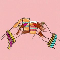 a drawing of two hands holding different types of cakes and bracelets on pink background