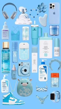 an assortment of personal care items displayed on a blue background