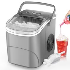 a person is pouring soda into a cooler with ice and straws on the side