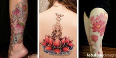 three different tattoos on the back of women's legs and arms, one with a flower