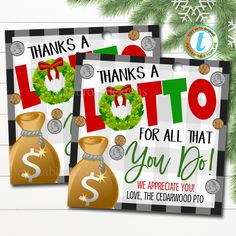 two christmas gift tags with the words thank you for all that you do