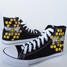 Custom hand painted Honey Bee shoes! Save the bees! Acrylic paint on canvas shoes. Every size is possible. I use US size chart! Shoes are hand painted using High grade acrylic paint. I use a special textile paint designed to be flexible on fabric. The paint is water proof and fade proof. Prices depends on what model of shoes you will choose. Let me know the style and your shoe size upon ordering as well as what you want painted on them, and feel free to send me any sketches or ideas you have. Fo Bee Shoes, Galaxy Shoes, Shoes Design, Expressive Fashion, Hand Painted Shoes, Save The Bees, Custom Hand Painted, Shoe Art, Painted Shoes