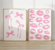 two framed pictures with pink lipstick prints on them