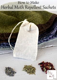 some herbs are sitting next to a bag with the words, herb moth repellent sachets