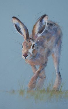 a painting of a rabbit running in the grass