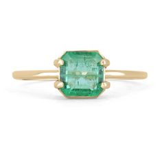 Displayed is a custom emerald solitaire asscher-cut ring in 14K yellow gold. This gorgeous solitaire ring carries a 1.0-carat emerald in a four-prong setting. The emerald has very good clarity with minor flaws that are normal in all genuine emeralds. The gem has a beautiful green color and very good luster. An ideal solitaire, perfect for everyday use! Setting Style: Prong Setting Material: 14K Yellow Gold Setting Weight: 1.6 Grams Main Stone: Emerald Shape: Asscher Cut Weight: 1.0-Carats Clarit 14k Gold Asscher Cut May Birthstone Ring, Emerald Ring With Prong Setting For Promise, Asscher Cut, Gia Certified Timeless Octagon Emerald Ring, 14k Gold Solitaire Ring With Asscher Cut, Emerald Ring With Radiant Diamond Cut, Emerald Rings With Radiant Diamond Cut, 14k Gold Asscher Cut Fine Jewelry Ring, Asscher Cut Emerald Ring In 14k Gold, Green Asscher Cut Emerald Ring In 14k Gold