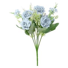 a bunch of flowers that are sitting on a table with green leaves and stems in front of white background