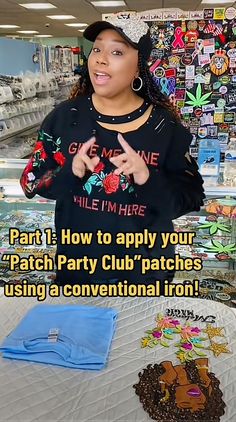 a woman standing in front of a table with cakes on it and the caption says, part i how to apply your patch party club patches using a conventional iron?