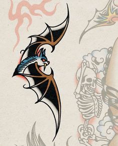 an image of a bat and skull tattoo on a white paper with red, orange, blue and black ink