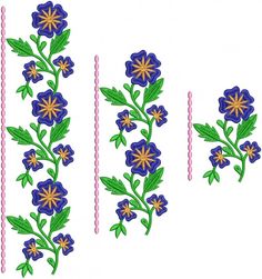 blue flowers with green leaves and pink beads on them are next to each other in the same row