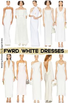 several white dresses are shown in different styles and colors, with the words fwdd written