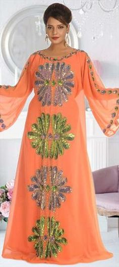 Orange color Kaftan in Georgette fabric with Embroidered, Thread work Spring Multicolor Dresses With Dabka Work, Multicolor Embroidered Kaftan For Party, Spring Wedding Multicolor Kaftan, Elegant Multicolor Kaftan With Floral Embroidery, Elegant Multicolor Floral Embroidered Kaftan, Summer V-neck Kaftan With Multicolor Embroidery, Summer V-neck Embroidered Kaftan, Evening V-neck Embroidered Kaftan, Multicolor V-neck Kaftan With Floral Embroidery