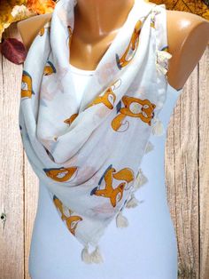 Scarf, Shawl, Fox Printed Scarf, Lightweight Viscose Shawls with fox pattern, Womens Fashion Accessories,  Gifts For christmas, Mothers day #scarf #shawl #scarves #foxpattern Neck Warmers, Printed Scarf, Fox Pattern, Gifts For Christmas, Fox Print, Summer Scarves, Viscose Fabric