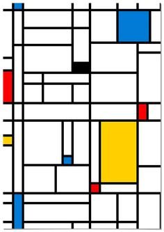 an abstract painting with black, yellow and red squares on white background by corbi