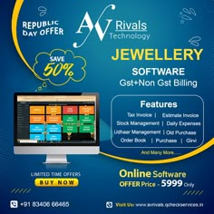 the advertisement for jewelery software is displayed on a blue background with yellow and orange accents