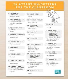 the printable 24 attention - getters for the classroom poster is displayed on a wooden surface