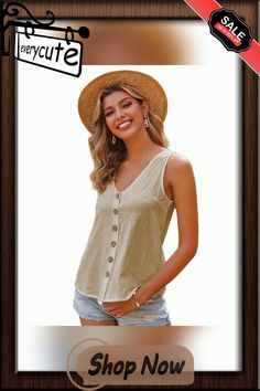 Apricot V Neck Button Sleeveless Tank Tops Beige Buttoned Tops For Vacation, Casual Beige Vest With Buttons, Sleeveless Buttoned Top For Vacation, Sleeveless Tops With Buttons For Vacation, Beige Casual Vest With Buttons, Summer Tank Top With Buttons For Day Out, Casual Beige Vest With Button Closure, Beige Buttoned Tank Top For Spring, Beige Button Tank Top For Spring