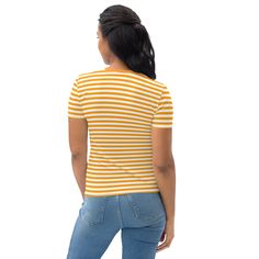 This Orange And White Striped Women's T-shirt is a trendy and stylish addition to any wardrobe. Made from a blend of 95% polyester and 5% elastane, it offers a comfortable and stretchy fit that hugs your curves in all the right places. The vibrant orange and white stripes add a pop of color to your outfit, making it perfect for both casual and dressier occasions. With its regular fit, this t-shirt is versatile and can be paired with jeans, shorts, or skirts for a chic and effortless look. Whether you're heading out for a day of shopping or meeting up with friends, this t-shirt is a must-have for any fashion-forward woman. See more striped clothing + FEATURES + 95% polyester, 5% elastane (fabric composition may vary by 1%) Premium knit mid-weight jersey Four-way stretch fabric that stretche Trendy Fitted Elastane T-shirt, Casual Fitted Elastane T-shirt, Spring Crew Neck T-shirt In Elastane, Spring Crew Neck T-shirt, Spring Crew Neck Elastane T-shirt, Basic Elastane T-shirt For Spring, Fitted Casual Elastane T-shirt, Yellow Fitted Crew Neck Top, Casual Short Sleeve Summer Top