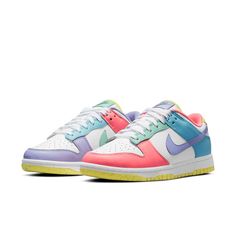 This Nike Dunk Low "Easter" is dressed in a Green Glow, Sunset Pulse, and White color hue. It features White leather across the base while various pastel shades land on the overlays. At the bottom, each is completed by a white midsole and a yellow outsole with red and blue flecked detailing. SKU: DD1872-100 Release Date: Spring 2021 Color: White/Green Glow-Sunset Pulse Candy Dunks, Nike Dunk Low Easter, Dunks Shoes, Shoes Aesthetic, Jordan 11 Retro Low, Nike Models, Womens Air Jordans, Easter Candy, Shoes Running