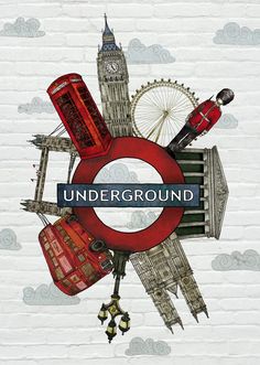 the london underground sign is surrounded by other things in the background, including a clock tower