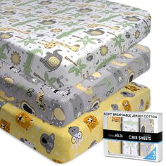 three baby crib sheets with animals and giraffes on them, next to each other