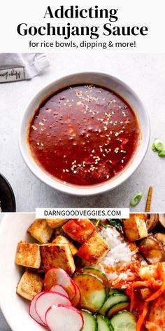 two pictures with different types of food in them and the words adding gochung sauce for rice bowls, dipping & more