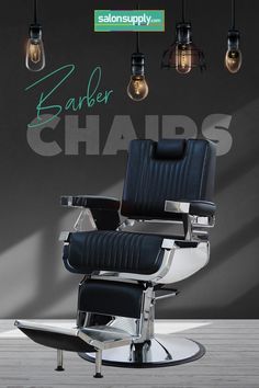 the barber chair is in front of several lights and bulbs hanging from the ceiling above it