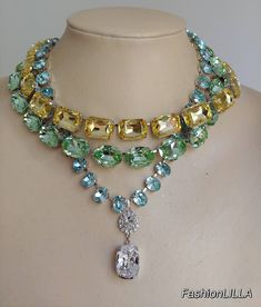 Crystolite Austrian crystal riviere,citrine anna wintour necklace,aquamarine collet with cushion cut pendant,crystal layering necklace Statement Choker, Mother Of Bride, Anna Wintour, Swarovski Necklace, Crystal Choker, Green Crystal, Bride Jewellery, Green Crystals, Layered Necklaces