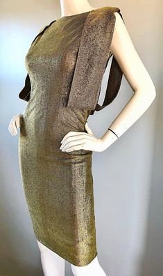 Gorgeous Demi Couture Gold Metallic Cut Out Back Vintage 1950s Wiggle Dress For Sale 1 Gold Fitted Sleeveless Bodycon Dress, Fitted Gold Bodycon Dress For Cocktail, Gold Evening Dress With Back Opening, Glamorous Gold Stretch Bodycon Dress, Gold Evening Bodycon Dress, Gold Bodycon Dress For Formal Occasions, Elegant Gold Bodycon Dress For Formal Events, Elegant Gold Bodycon Evening Dress, Elegant Gold Bodycon Cocktail Dress