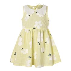 Prepare your little one for summer in style with our charming cotton linen sundress! Designed for girls aged 1-6 years, this dress showcases white lapels and delightful flower designs in four chic colors. Choose from vibrant blues to soft pinks to suit your preferences. The back neck tie adds sophistication and allows for an adjustable fit, ensuring all-day comfort for your child. With a knee-length skirt, it's perfect for everyday wear and special occasions alike. Our sundress is made from a li Playful Floral Print Sleeveless Summer Dress, White Peter Pan Collar Dress For Spring, White Spring Dress With Peter Pan Collar, Summer Cotton Sleeveless Dress For Garden Party, Cute Yellow Cotton Sleeveless Dress, Cute Doll Collar Dresses For Summer, Cute Yellow Sleeveless Cotton Dress, Cute Doll Collar Summer Dresses, Cute Summer Dresses With Doll Collar