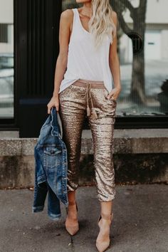 Casual Sequin Elastic Waist Pants – rodressonline Sequin Outfits, Gold Pants, Sequin Pants, Sequin Outfit, Eve Outfit, New Years Eve Outfits, Elastic Waist Pants, Elegant Christmas