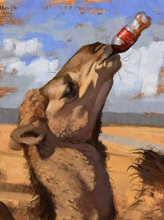 a painting of a camel drinking from a bottle