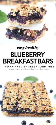 blueberry breakfast bars are stacked on top of each other with the words easy healthy