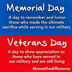 the words veterans day and memorial day written in red, white, and blue colors