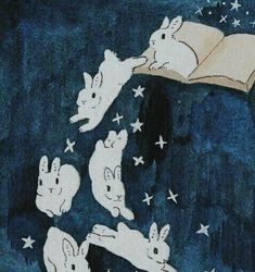 an illustration of rabbits flying over a book with stars in the sky above them and on top of it