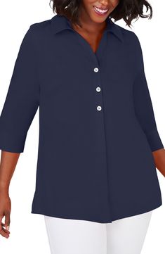 A decorative back-button placket adds a playful touch to this stretch-poplin tunic styled with abbreviated sleeves and airy side vents. 30" back length Button half-placket V-neck with spread collar Three-quarter sleeves Side vents 65% cotton, 30% polyester, 5% spandex Machine wash, tumble dry Imported Women's Clothing | Foxcroft Pamela Non-Iron Stretch Tunic Blouse Tunics Online, Blouse Nordstrom, Tunic Styles, Collar Blouse, Tunic Blouse, Womens Tunics, Plus Size Blouses, Three Quarter Sleeves, Edgy Fashion