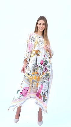 A classic ferns print on twill silk kaftan with one size fit all will be a perfect gift to her and also good for lounging home. It's flowy, soft and elegant touch.  FEATURES - Vintage prints Rose and castle - Personal Custom Made - Full Length Kaftan Half-Sleeves - Designer Silk Kaftan - Plus Size and Custom Length - Resort Wear, Beach Wear, Lounge Wear, Pool Cover Up Kaftan - crew -------------------------------- DETAIL  * Length : 130 CM & Width 130 CM * Please note, we don't provide exact in dimension but will try best to reach the request, error 1-4 cm may occur due to fabric' nature, manually cutting & sewing, etc. -------------------------------- FREE Customization service - Cut shorter from the 130 CM  -------------------- FABRIC *Silk Twill 90% + 10 % Viscose ( The fabric is soft, Elegant Silk Dresses With Digital Print, Elegant Silk Dress With Digital Print, Silk Kaftan With Digital Print Tunic, Spring Kaftan Tunic With Digital Print, Spring Digital Print Tunic Kaftan, Spring Digital Print Kaftan Tunic, Spring Digital Print Kaftan, Elegant Floral Print Tunic Kaftan, Printed Silk Long Maxi Dress