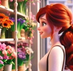 a woman with long red hair standing in front of a flower shop filled with flowers